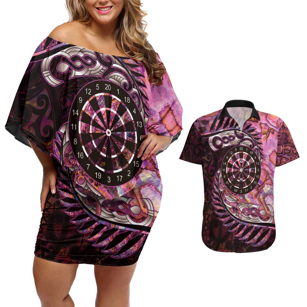 New Zealand Darts Personalised Couples Matching Off Shoulder Short Dress and Hawaiian Shirt Aotearoa Silver Fern Pink Papua Shell Spirit LT9 Pink - Polynesian Pride