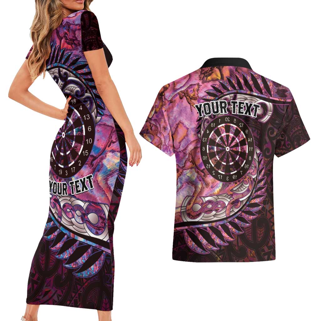New Zealand Darts Personalised Couples Matching Short Sleeve Bodycon Dress and Hawaiian Shirt Aotearoa Silver Fern Pink Papua Shell Spirit LT9 - Polynesian Pride