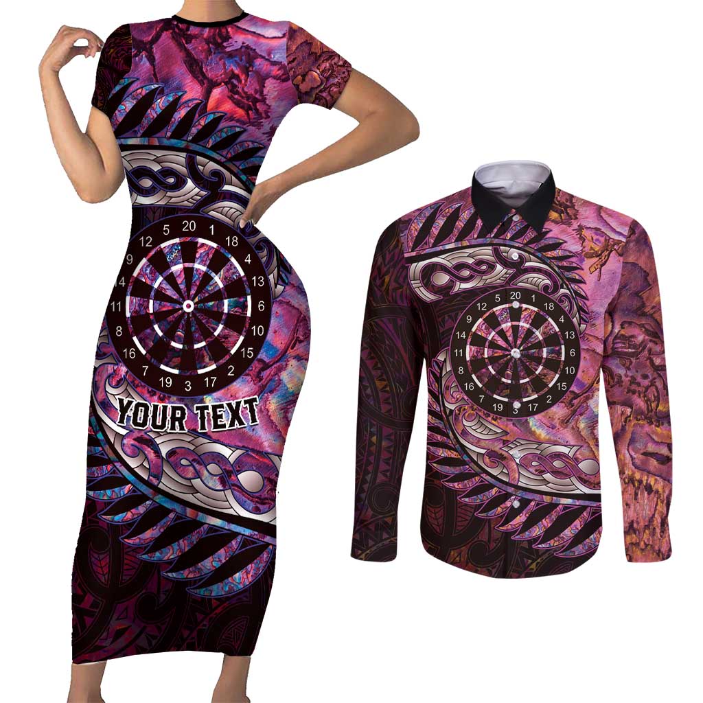 New Zealand Darts Personalised Couples Matching Short Sleeve Bodycon Dress and Long Sleeve Button Shirt Aotearoa Silver Fern Pink Papua Shell Spirit LT9 Pink - Polynesian Pride