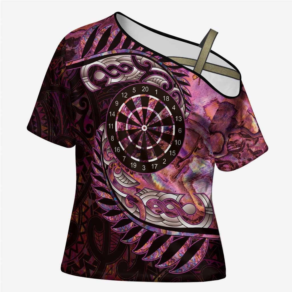 New Zealand Darts Personalised Cross Shoulder Shirt Aotearoa Silver Fern Pink Papua Shell Spirit - Polynesian Pride