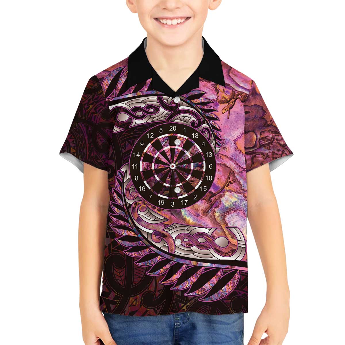 New Zealand Darts Personalised Family Matching Off The Shoulder Long Sleeve Dress and Hawaiian Shirt Aotearoa Silver Fern Pink Papua Shell Spirit