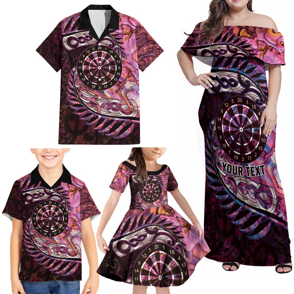 New Zealand Darts Personalised Family Matching Off Shoulder Maxi Dress and Hawaiian Shirt Aotearoa Silver Fern Pink Papua Shell Spirit