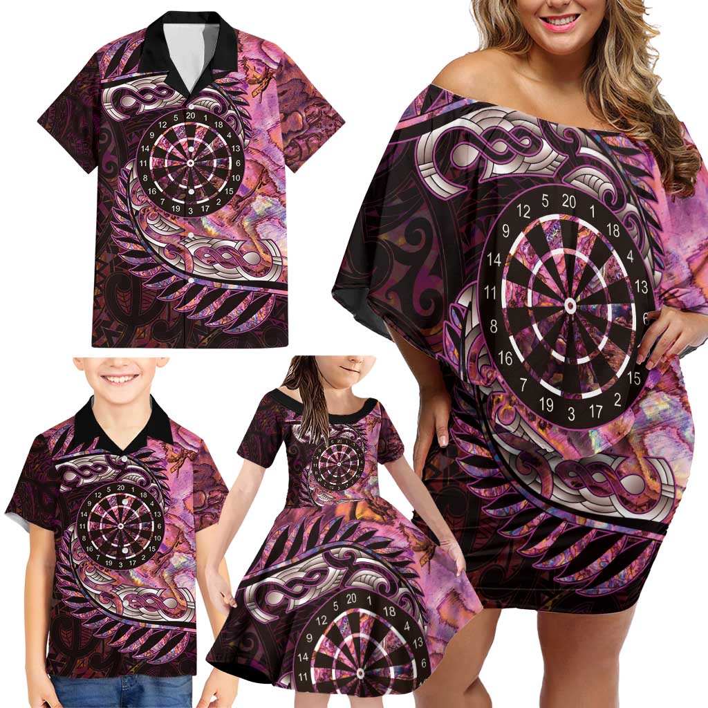 New Zealand Darts Personalised Family Matching Off Shoulder Short Dress and Hawaiian Shirt Aotearoa Silver Fern Pink Papua Shell Spirit