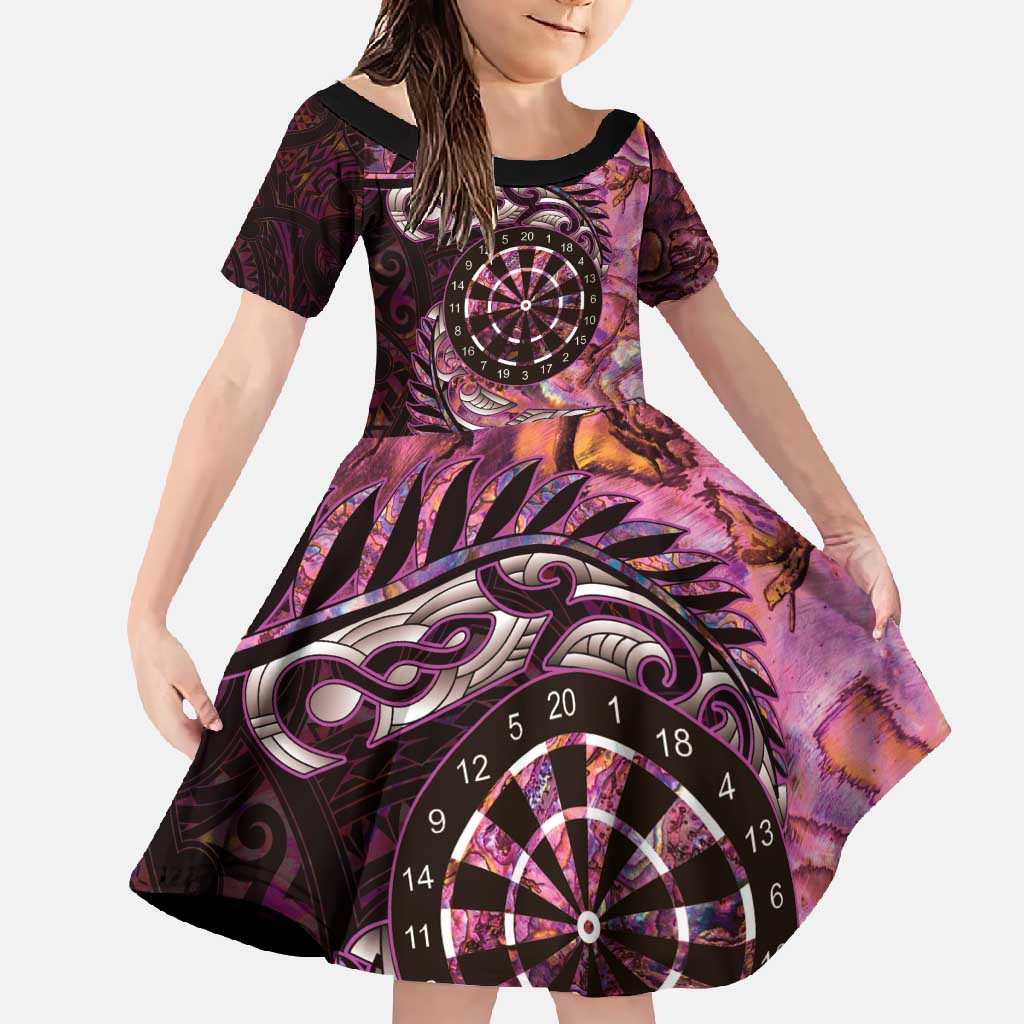 New Zealand Darts Personalised Family Matching Short Sleeve Bodycon Dress and Hawaiian Shirt Aotearoa Silver Fern Pink Papua Shell Spirit LT9 Daughter's Dress Pink - Polynesian Pride