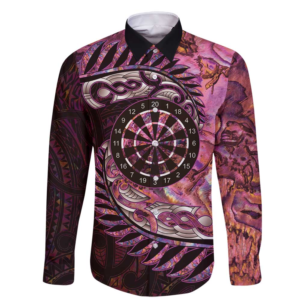 New Zealand Darts Personalised Family Matching Tank Maxi Dress and Hawaiian Shirt Aotearoa Silver Fern Pink Papua Shell Spirit LT9 Dad's Shirt - Long Sleeve Pink - Polynesian Pride