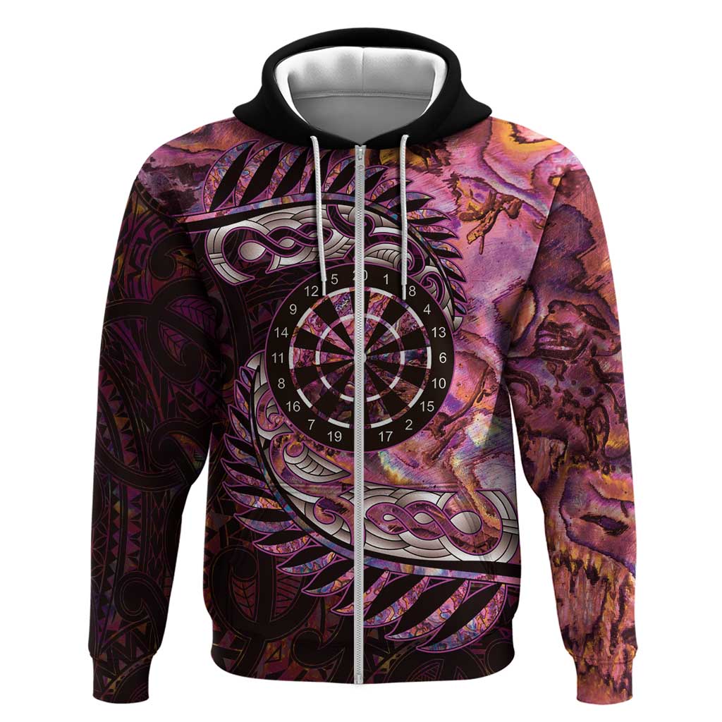 New Zealand Darts Personalised Hoodie Aotearoa Silver Fern Pink Papua Shell Spirit