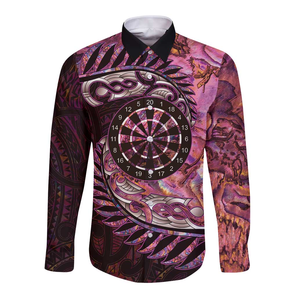 New Zealand Darts Personalised Long Sleeve Button Shirt Aotearoa Silver Fern Pink Papua Shell Spirit LT9 Unisex Pink - Polynesian Pride