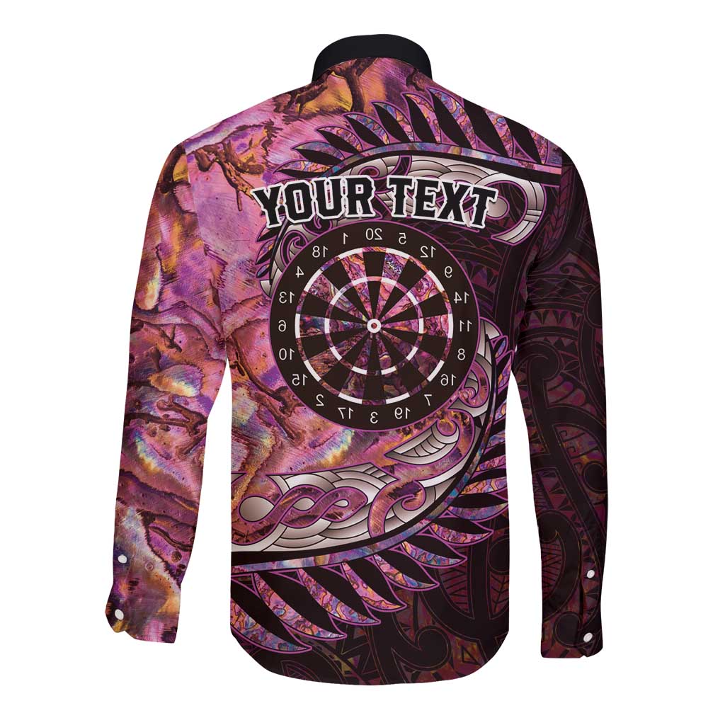 New Zealand Darts Personalised Long Sleeve Button Shirt Aotearoa Silver Fern Pink Papua Shell Spirit LT9 - Polynesian Pride