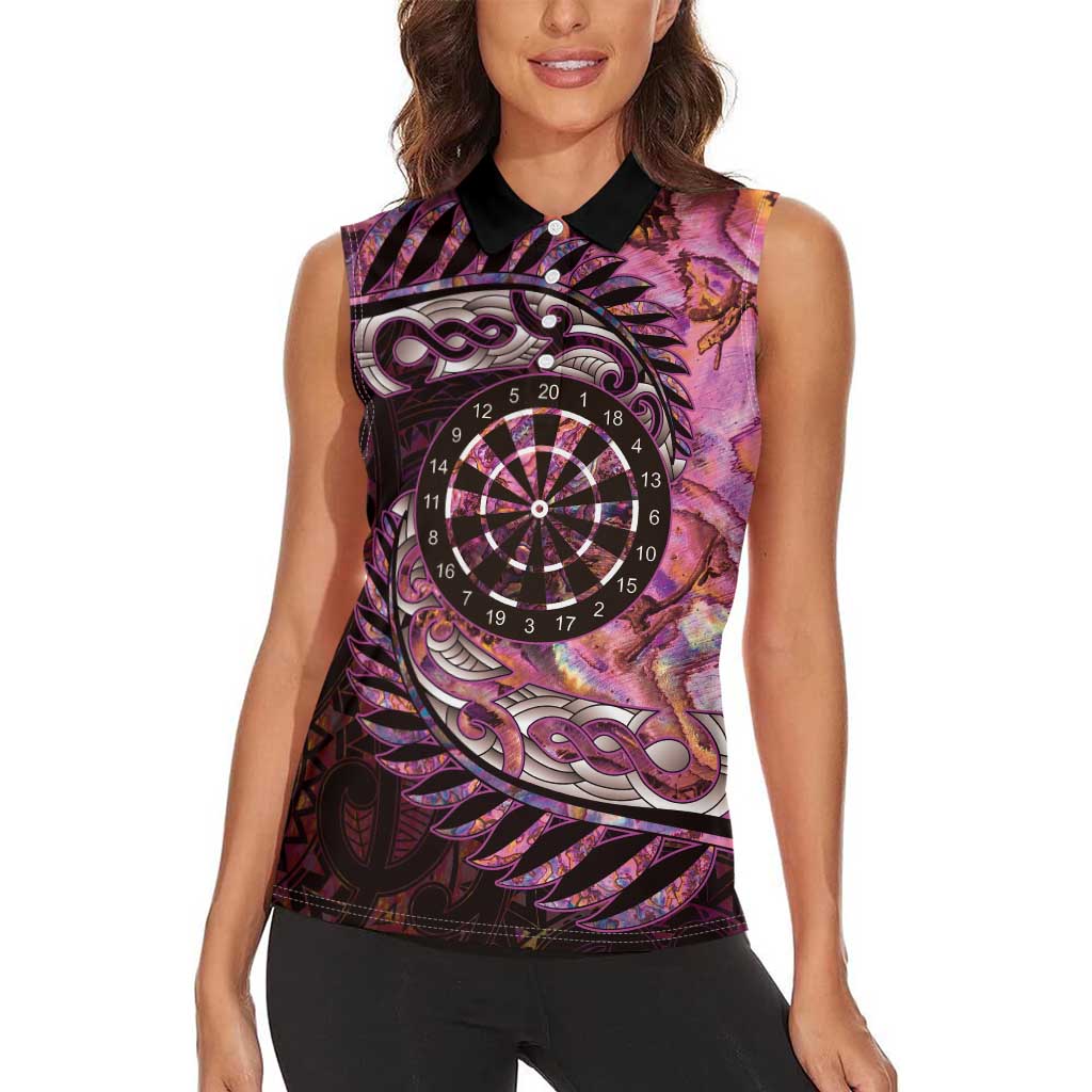 New Zealand Darts Personalised Women Sleeveless Polo Shirt Aotearoa Silver Fern Pink Papua Shell Spirit LT9 - Polynesian Pride
