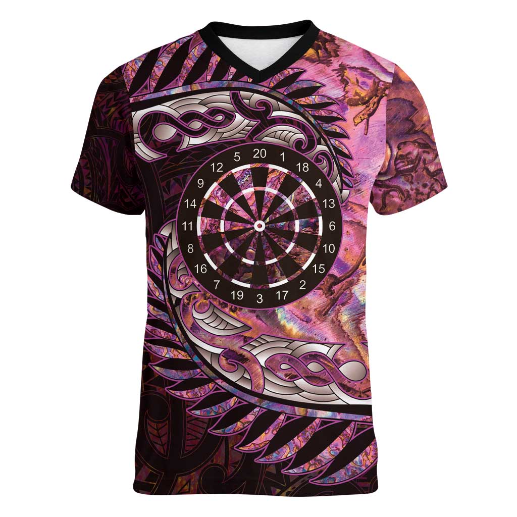 New Zealand Darts Personalised Women V-Neck T-Shirt Aotearoa Silver Fern Pink Papua Shell Spirit LT9 Female Pink - Polynesian Pride