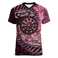 New Zealand Darts Personalised Women V-Neck T-Shirt Aotearoa Silver Fern Pink Papua Shell Spirit LT9 Female Pink - Polynesian Pride