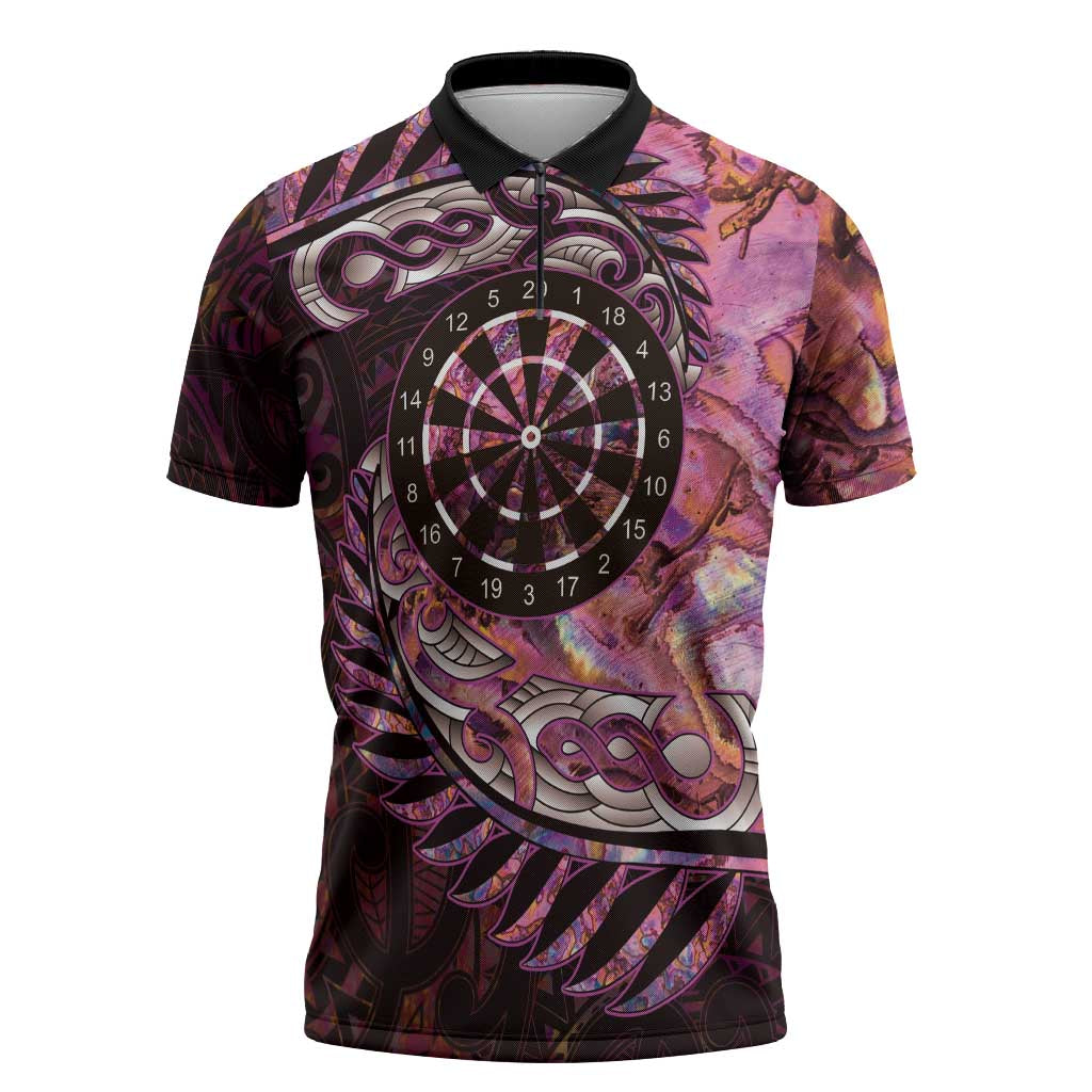 New Zealand Darts Personalised Zipper Polo Shirt Aotearoa Silver Fern Pink Papua Shell Spirit - Polynesian Pride