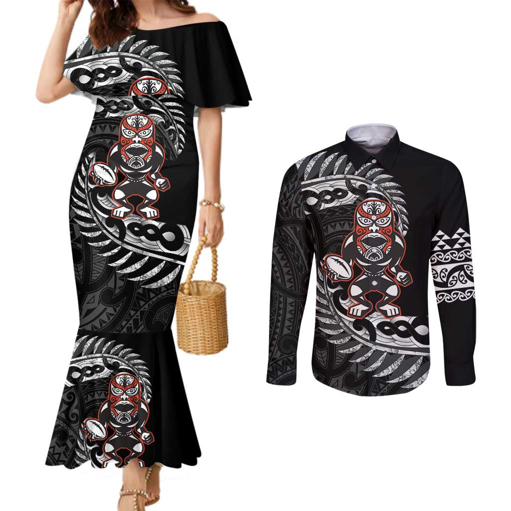 New Zealand Indigenous-Maori Rugby Custom Couples Matching Mermaid Dress and Long Sleeve Button Shirt LT9 Black - Polynesian Pride