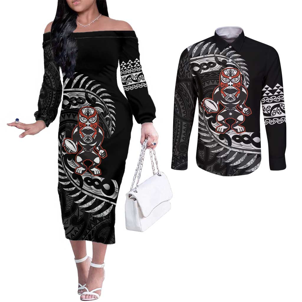 New Zealand Indigenous-Maori Rugby Custom Couples Matching Off The Shoulder Long Sleeve Dress and Long Sleeve Button Shirt