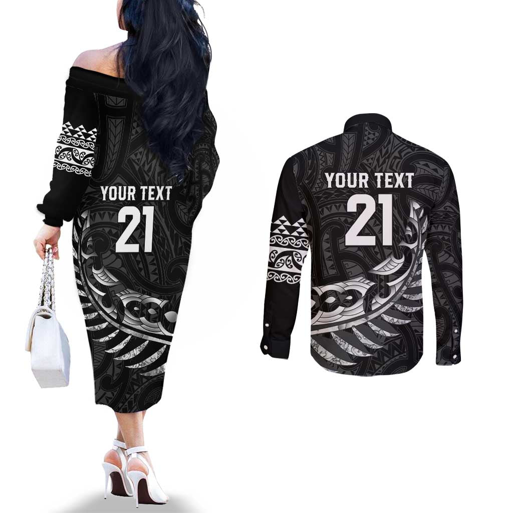 New Zealand Indigenous-Maori Rugby Custom Couples Matching Off The Shoulder Long Sleeve Dress and Long Sleeve Button Shirt LT9 - Polynesian Pride