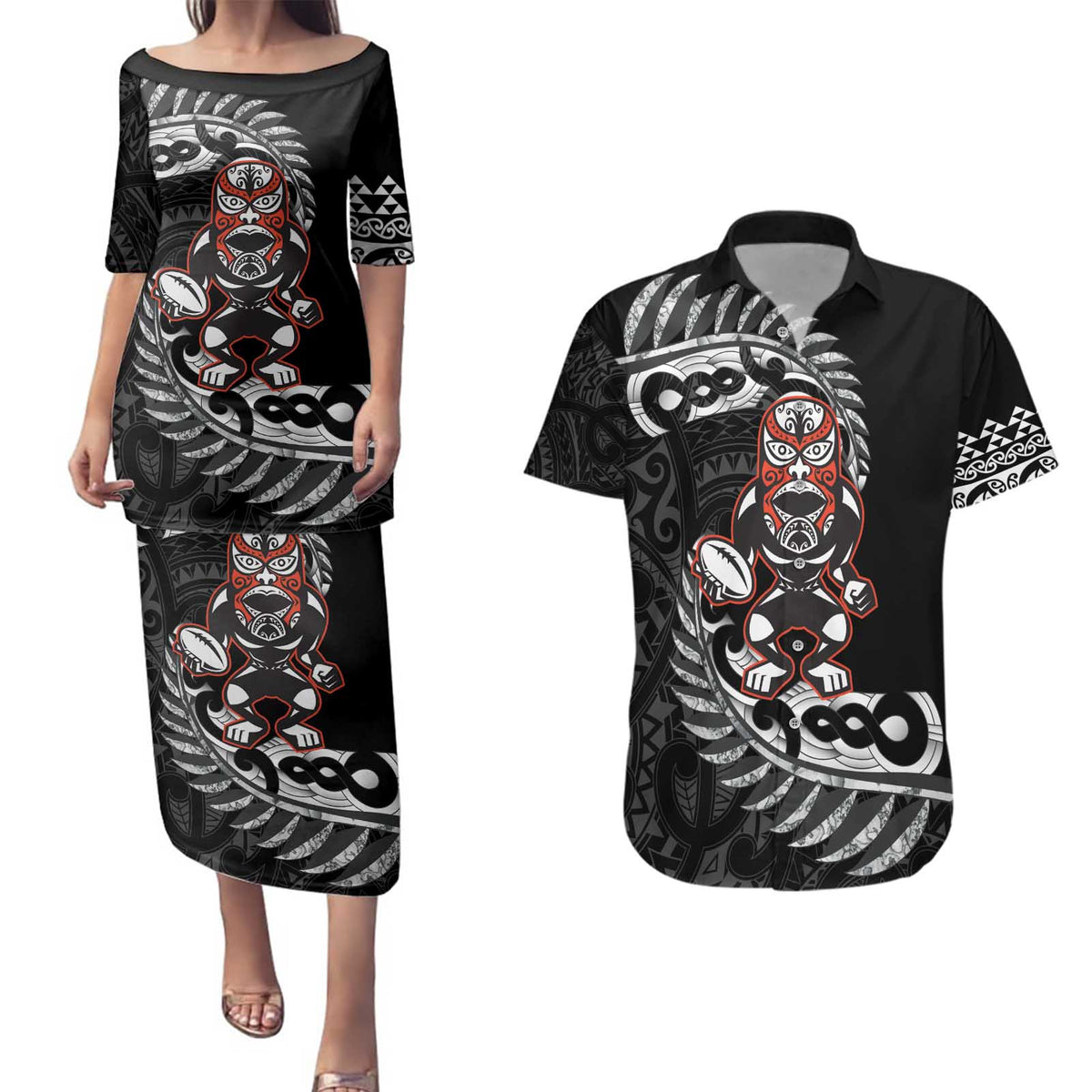 New Zealand Indigenous-Maori Rugby Custom Couples Matching Puletasi and Hawaiian Shirt LT9 Black - Polynesian Pride