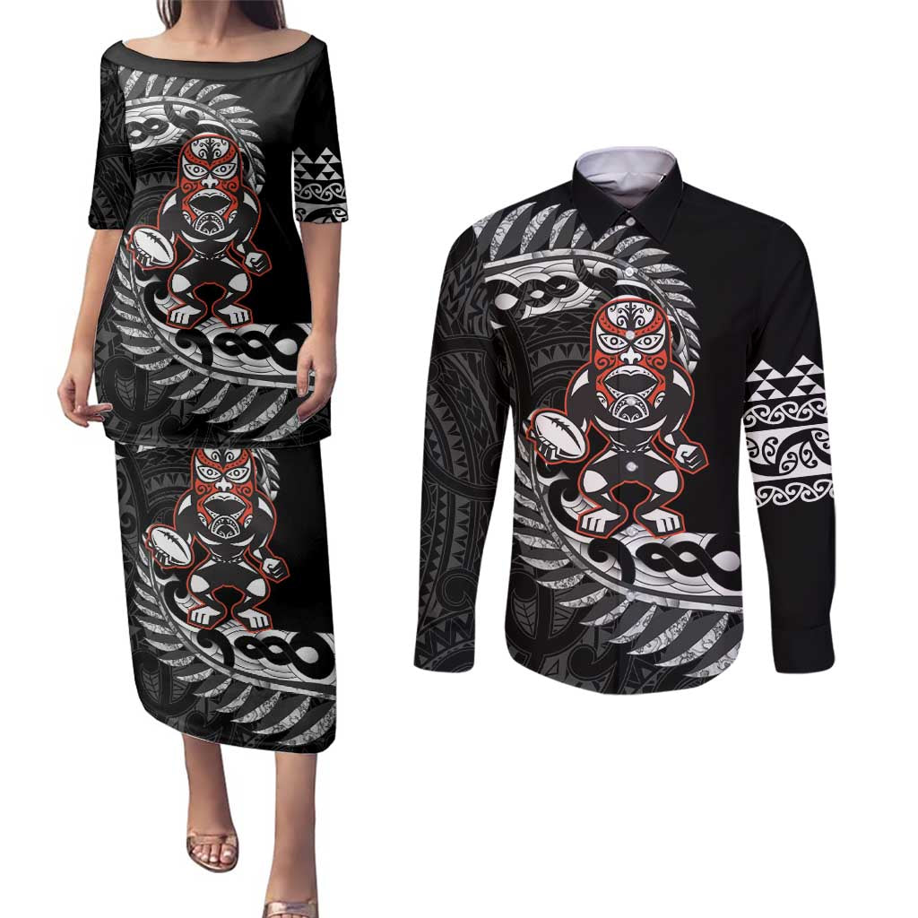 New Zealand Indigenous-Maori Rugby Custom Couples Matching Puletasi and Long Sleeve Button Shirt