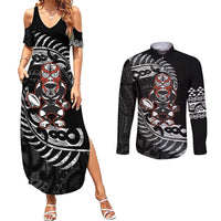 New Zealand Indigenous-Maori Rugby Custom Couples Matching Summer Maxi Dress and Long Sleeve Button Shirt LT9 Black - Polynesian Pride