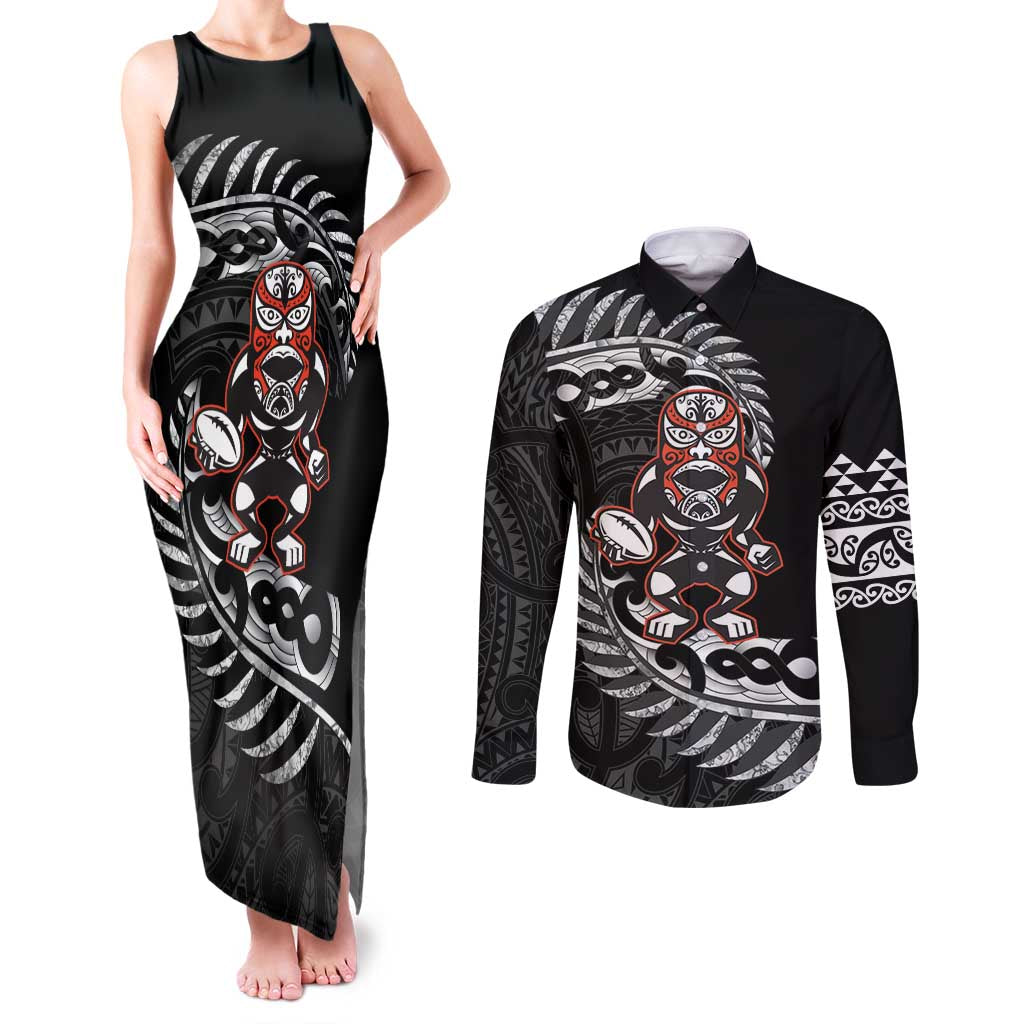 New Zealand Indigenous-Maori Rugby Custom Couples Matching Tank Maxi Dress and Long Sleeve Button Shirt LT9 Black - Polynesian Pride