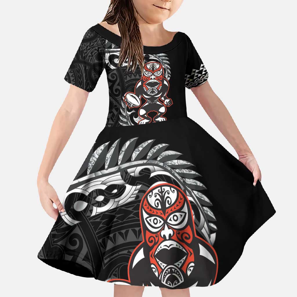 New Zealand Indigenous-Maori Rugby Custom Family Matching Long Sleeve Bodycon Dress and Hawaiian Shirt LT9 Daughter's Dress Black - Polynesian Pride