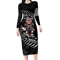 New Zealand Indigenous-Maori Rugby Custom Family Matching Long Sleeve Bodycon Dress and Hawaiian Shirt LT9 Mom's Dress Black - Polynesian Pride