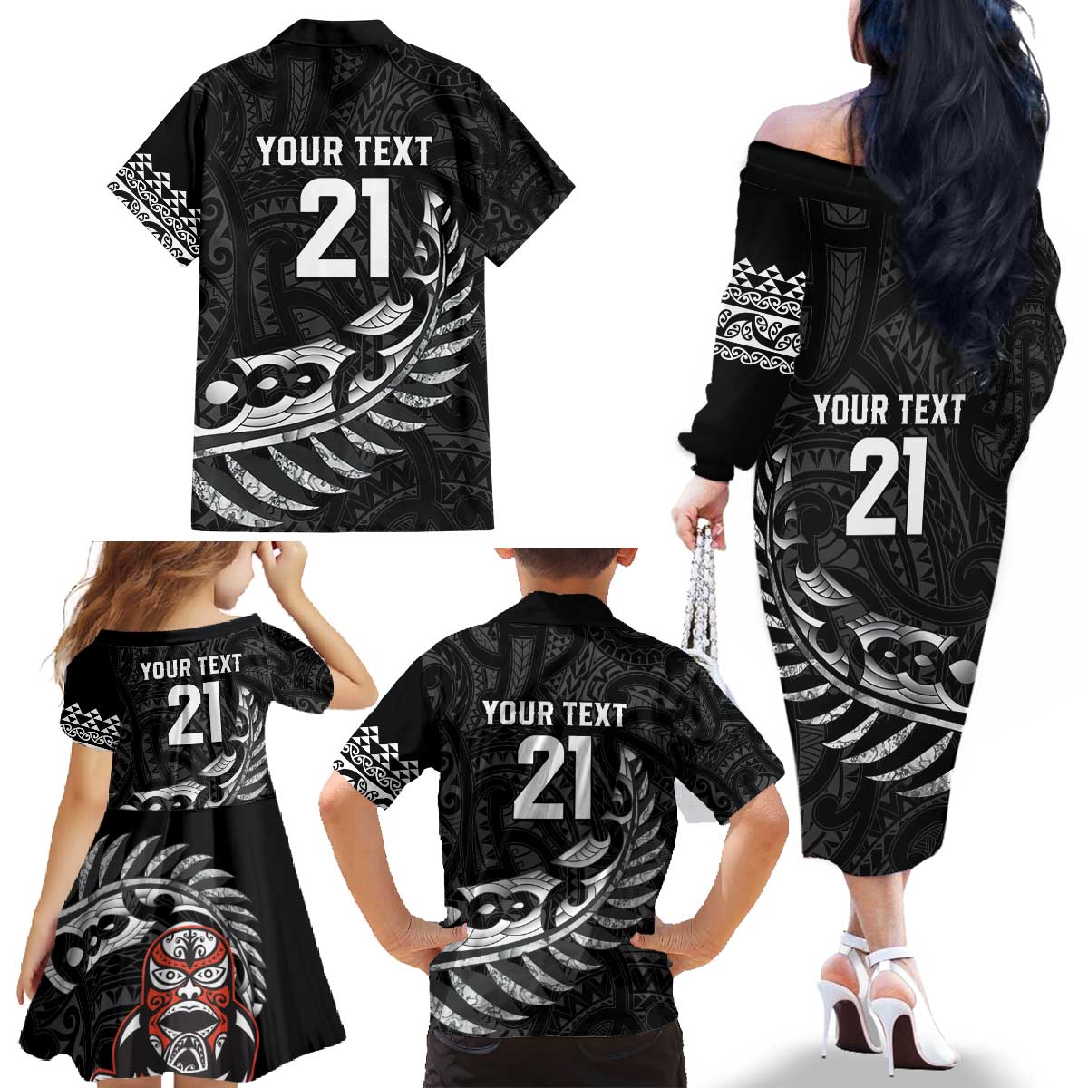 New Zealand Indigenous-Maori Rugby Custom Family Matching Off The Shoulder Long Sleeve Dress and Hawaiian Shirt LT9 - Polynesian Pride