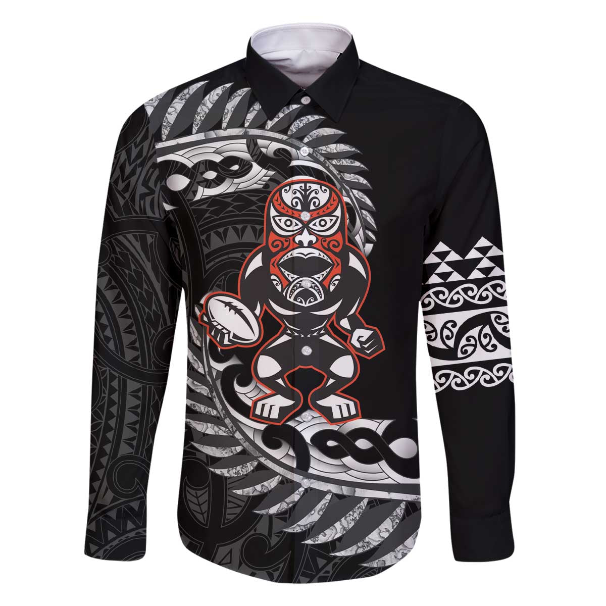 New Zealand Indigenous-Maori Rugby Custom Family Matching Off The Shoulder Long Sleeve Dress and Hawaiian Shirt LT9 Dad's Shirt - Long Sleeve Black - Polynesian Pride
