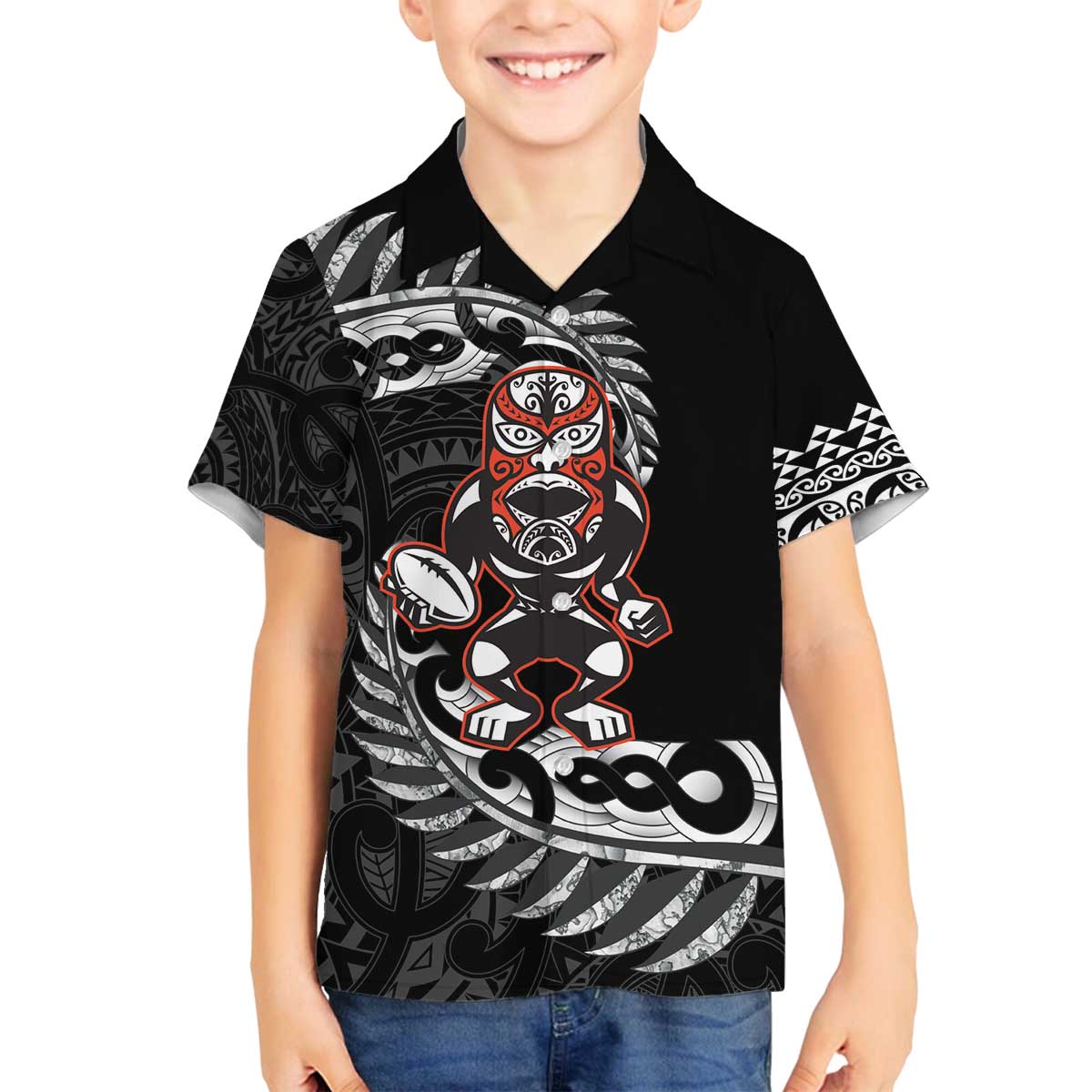 New Zealand Indigenous-Maori Rugby Custom Family Matching Off The Shoulder Long Sleeve Dress and Hawaiian Shirt LT9 Son's Shirt Black - Polynesian Pride
