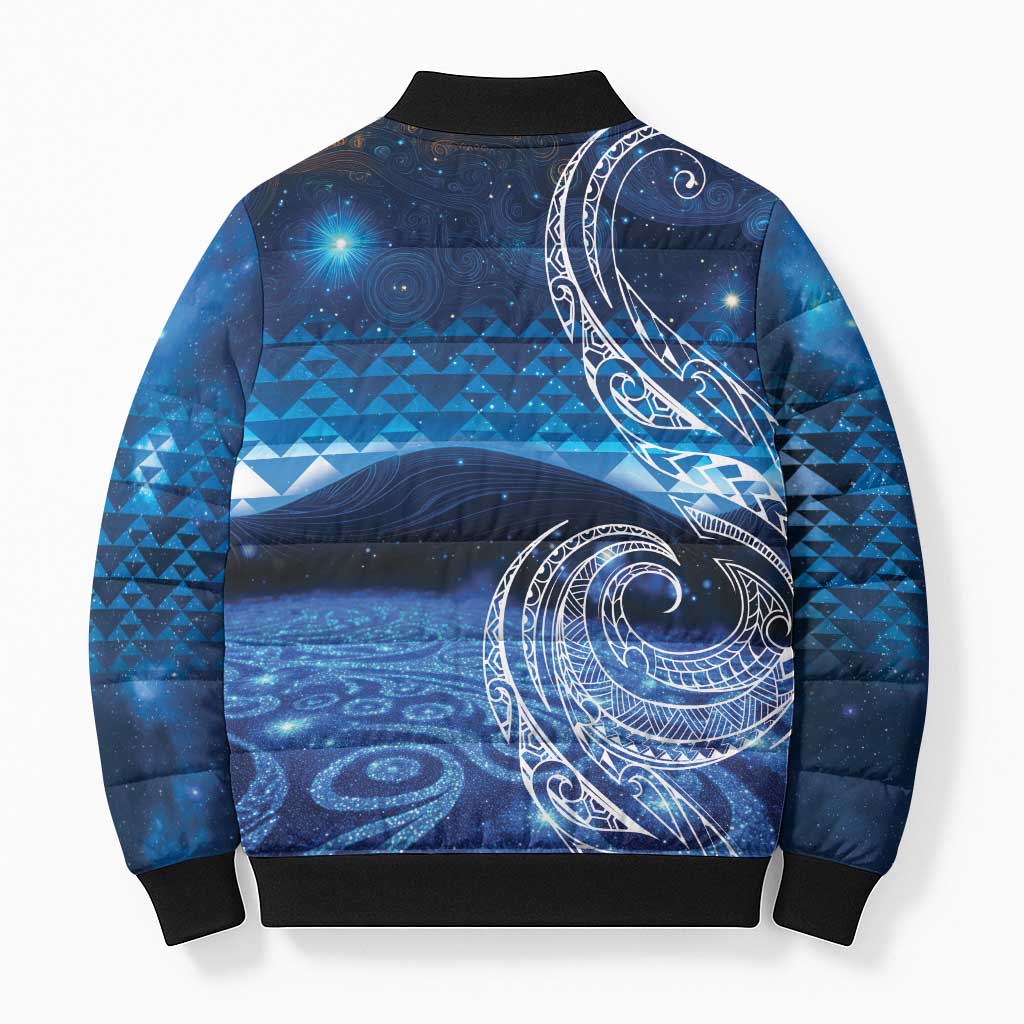 New Zealand Matariki Bomber Puffer Jacket Taniko Aramoana With Koru Galaxy Sky Night - Polynesian Pride