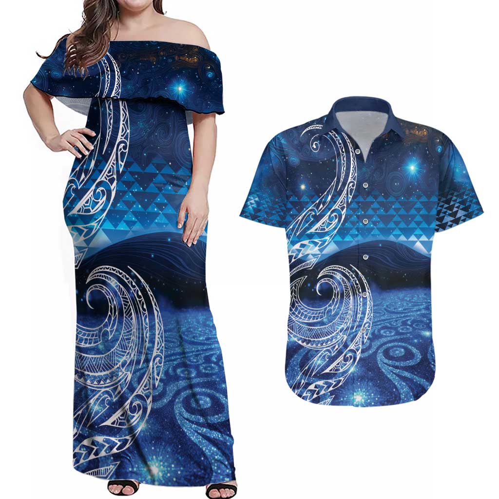 New Zealand Matariki Couples Matching Off Shoulder Maxi Dress and Hawaiian Shirt Taniko Aramoana With Koru Galaxy Sky Night