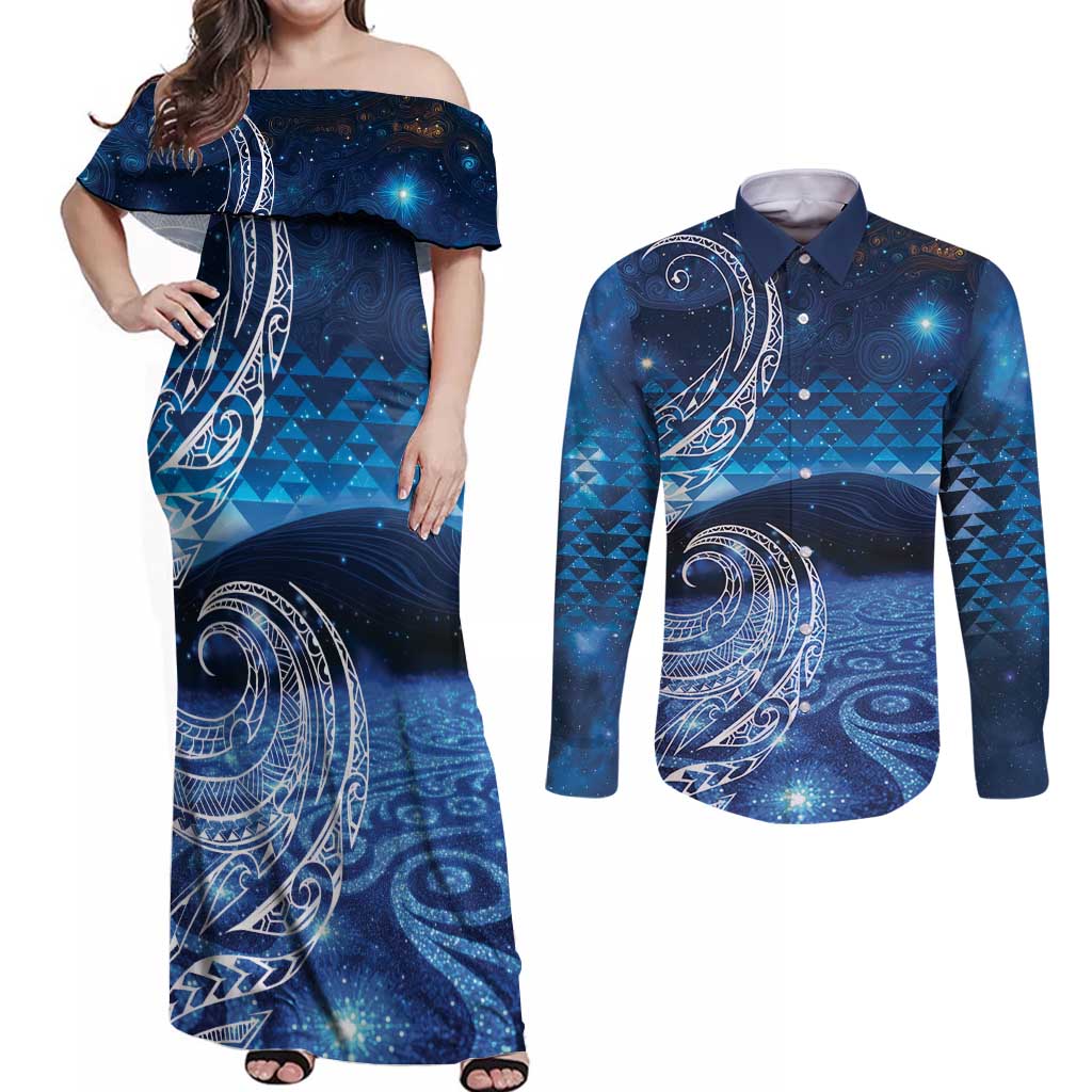 New Zealand Matariki Couples Matching Off Shoulder Maxi Dress and Long Sleeve Button Shirt Taniko Aramoana With Koru Galaxy Sky Night LT9 Galaxy - Polynesian Pride