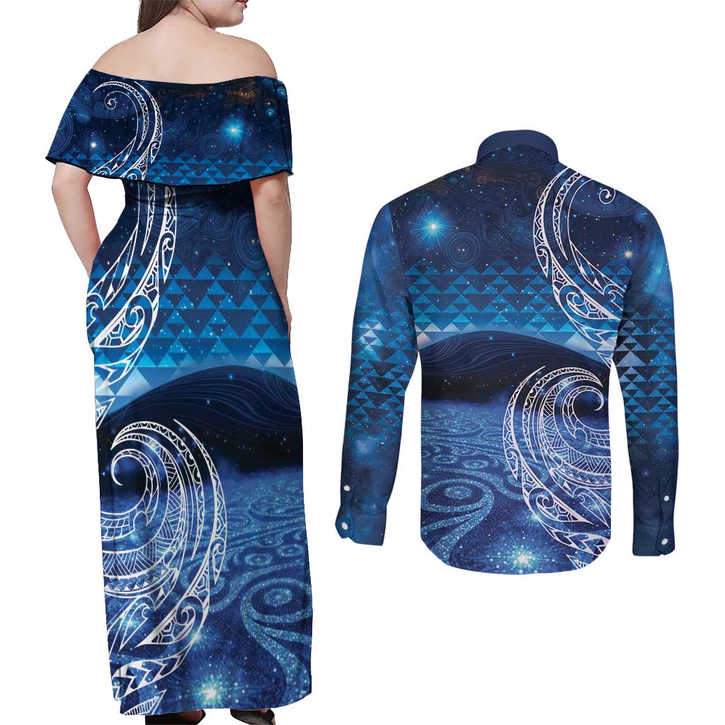 New Zealand Matariki Couples Matching Off Shoulder Maxi Dress and Long Sleeve Button Shirt Taniko Aramoana With Koru Galaxy Sky Night LT9 - Polynesian Pride