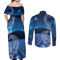 New Zealand Matariki Couples Matching Off Shoulder Maxi Dress and Long Sleeve Button Shirt Taniko Aramoana With Koru Galaxy Sky Night LT9 - Polynesian Pride