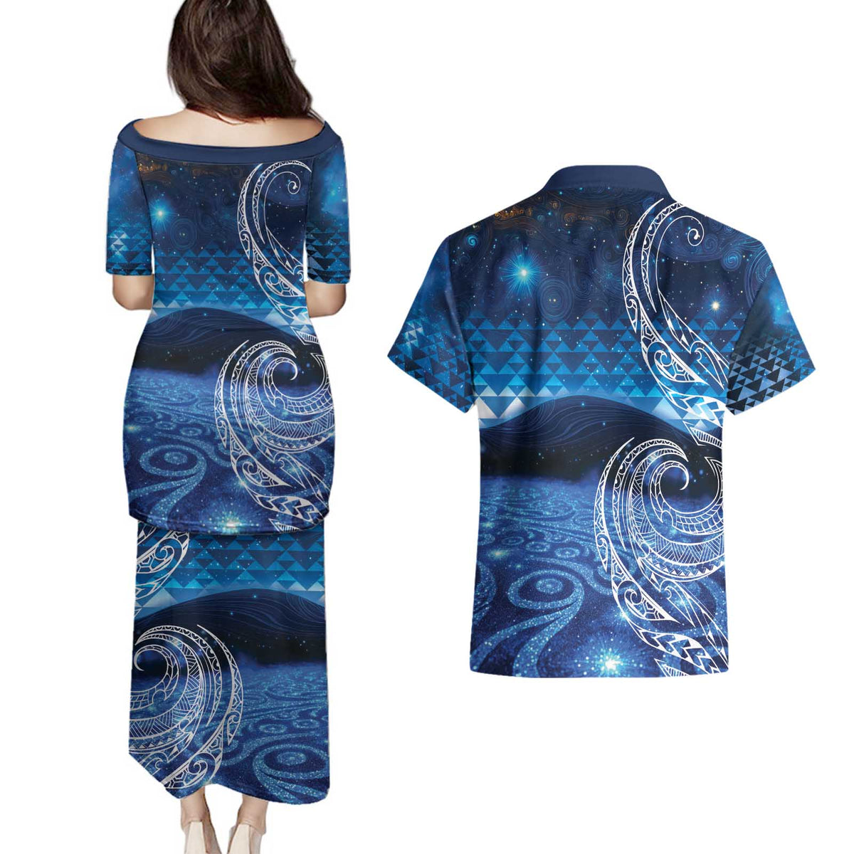 New Zealand Matariki Couples Matching Puletasi and Hawaiian Shirt Taniko Aramoana With Koru Galaxy Sky Night