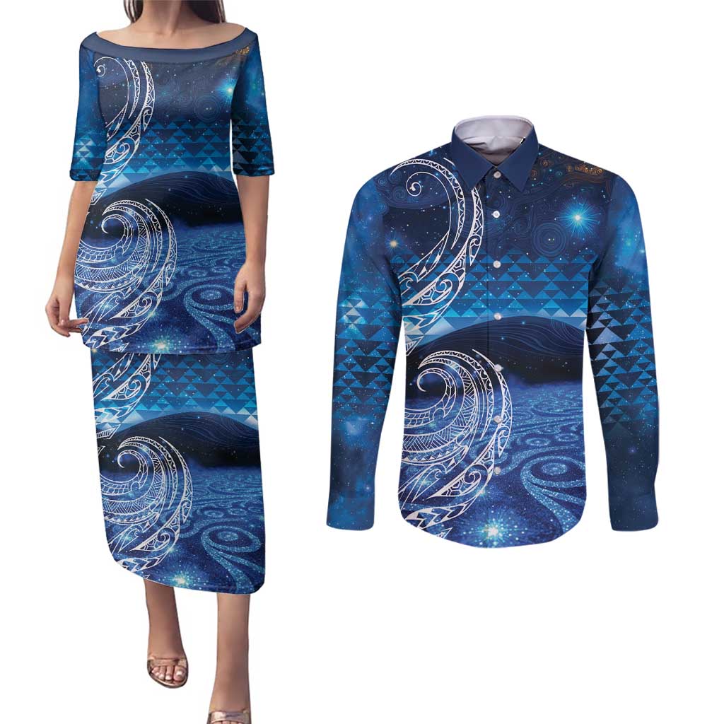 New Zealand Matariki Couples Matching Puletasi and Long Sleeve Button Shirt Taniko Aramoana With Koru Galaxy Sky Night LT9 Galaxy - Polynesian Pride