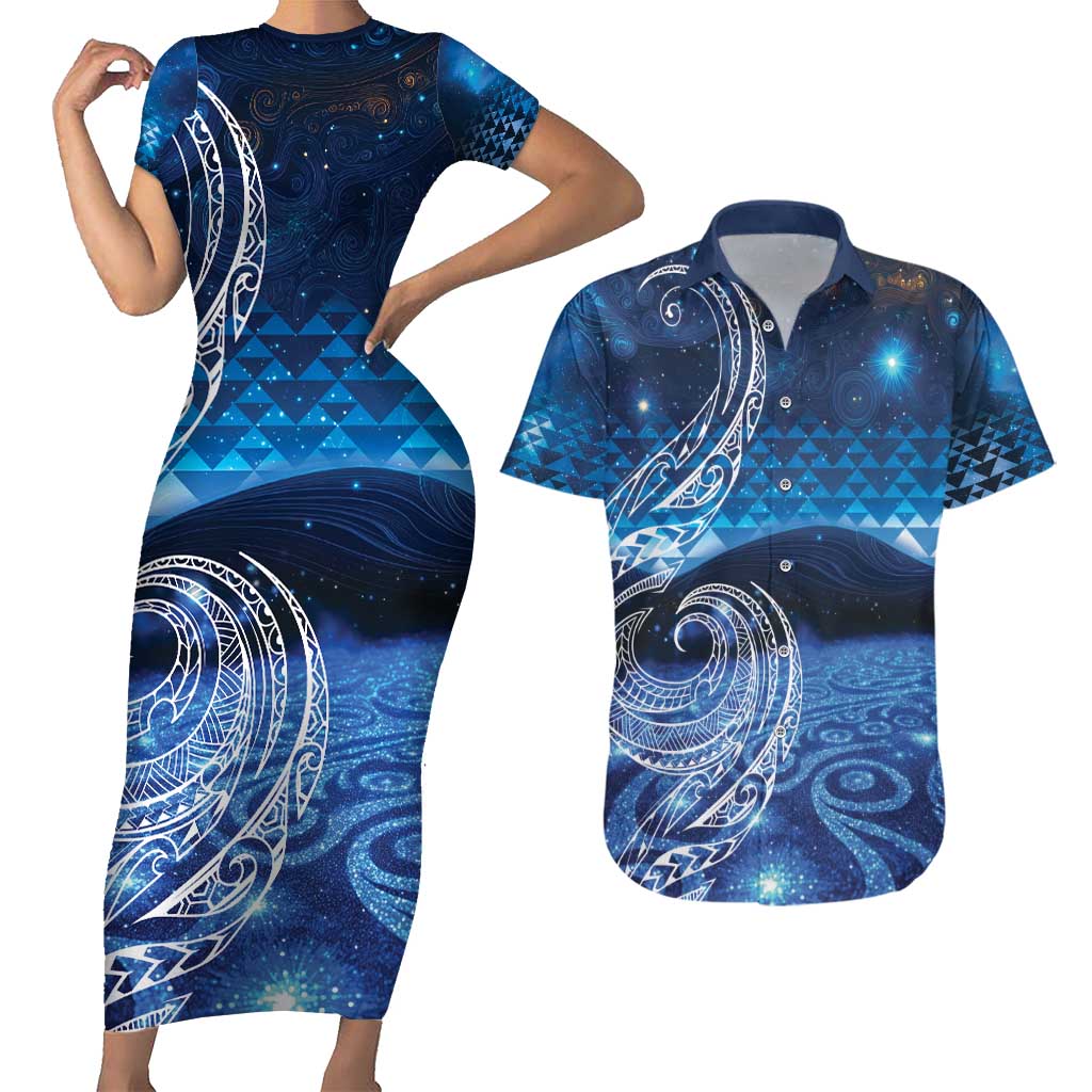 New Zealand Matariki Couples Matching Short Sleeve Bodycon Dress and Hawaiian Shirt Taniko Aramoana With Koru Galaxy Sky Night LT9 Galaxy - Polynesian Pride