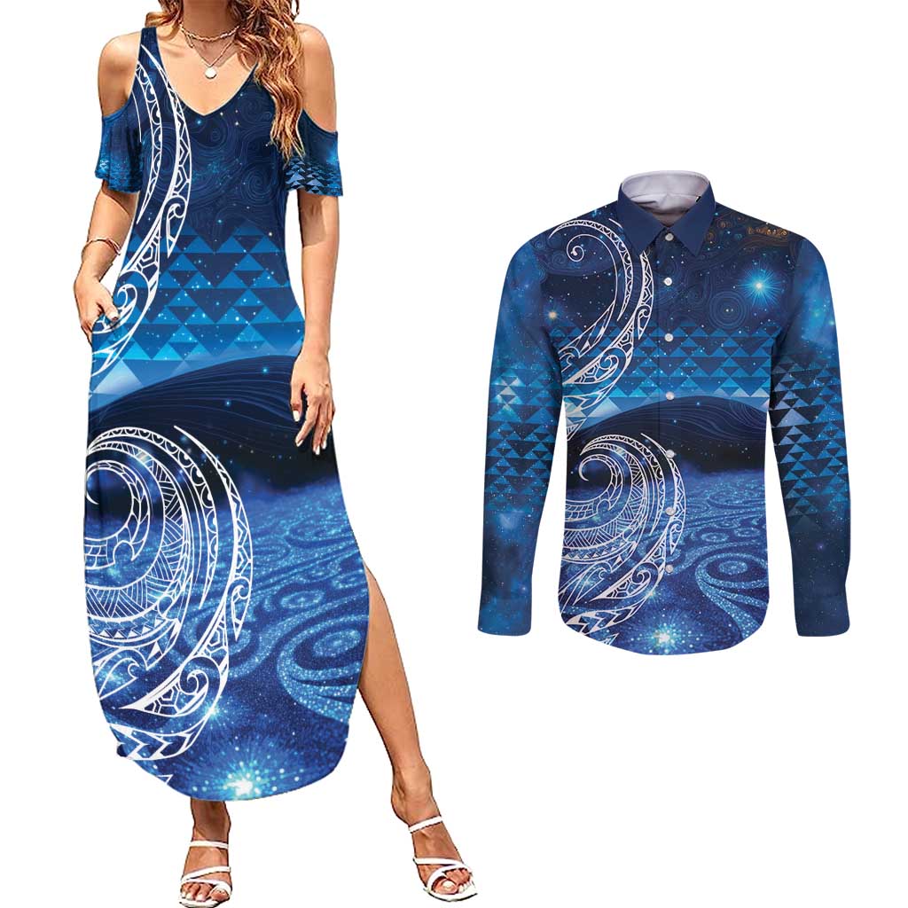 New Zealand Matariki Couples Matching Summer Maxi Dress and Long Sleeve Button Shirt Taniko Aramoana With Koru Galaxy Sky Night