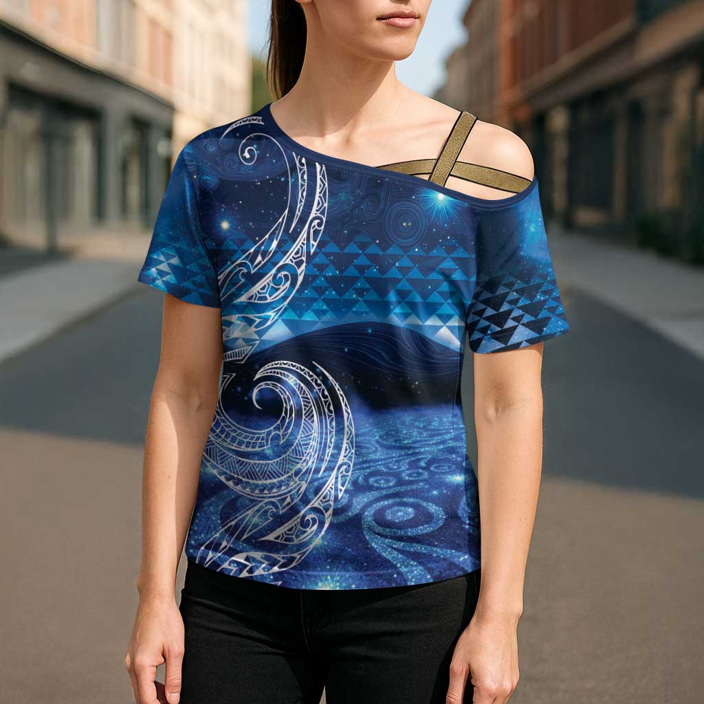 New Zealand Matariki Cross Shoulder Shirt Taniko Aramoana With Koru Galaxy Sky Night - Polynesian Pride