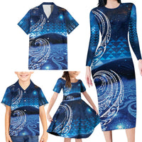 New Zealand Matariki Family Matching Long Sleeve Bodycon Dress and Hawaiian Shirt Taniko Aramoana With Koru Galaxy Sky Night LT9 - Polynesian Pride