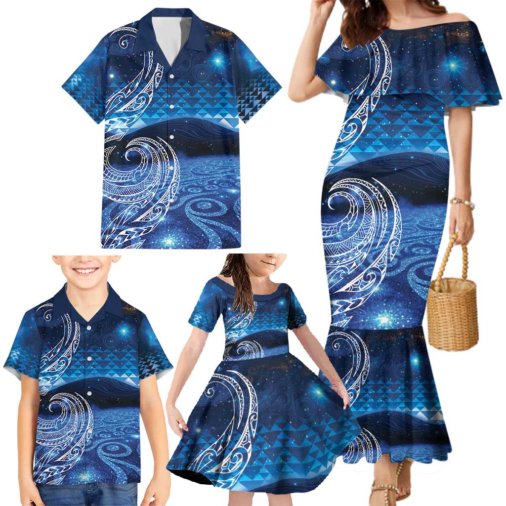 New Zealand Matariki Family Matching Mermaid Dress and Hawaiian Shirt Taniko Aramoana With Koru Galaxy Sky Night