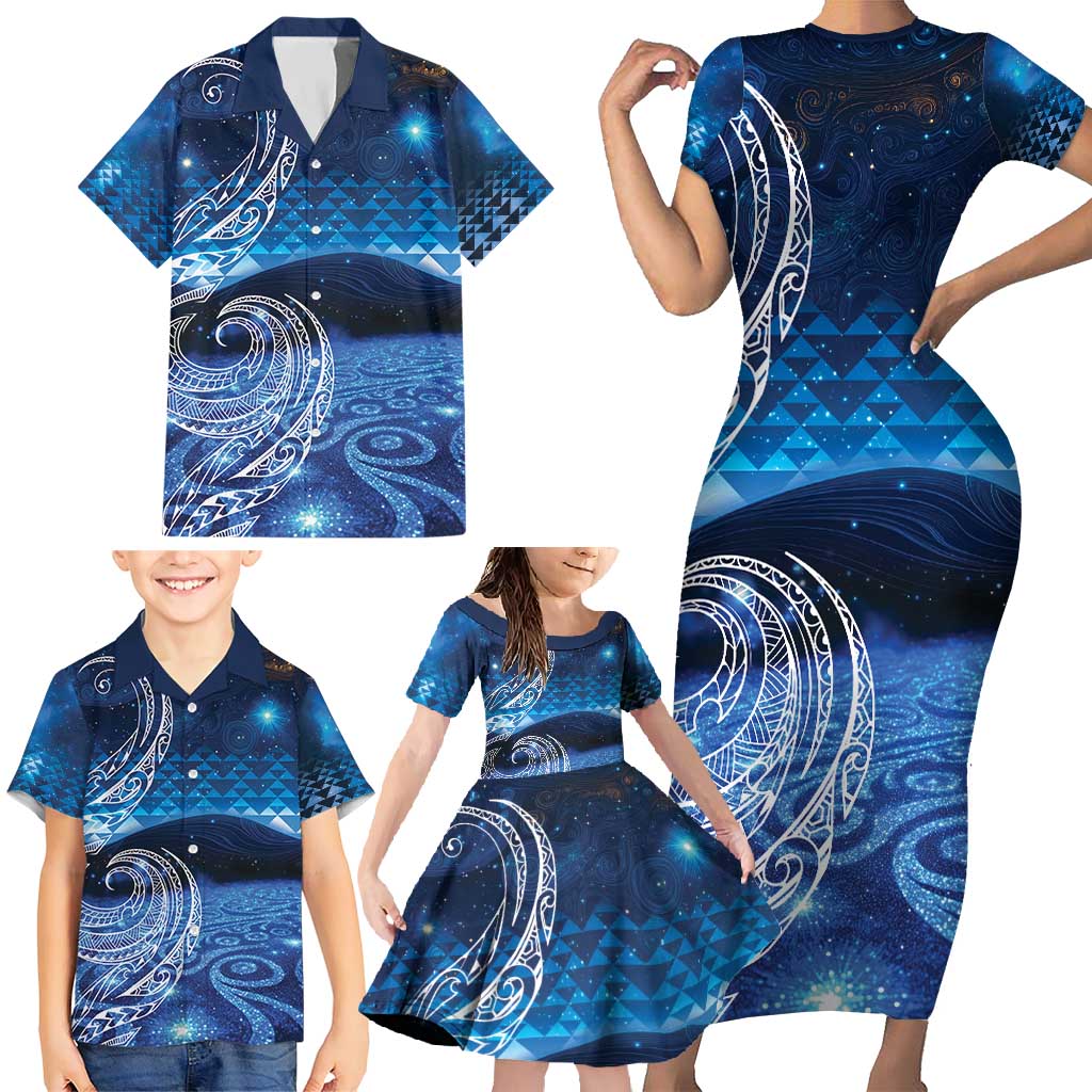 New Zealand Matariki Family Matching Short Sleeve Bodycon Dress and Hawaiian Shirt Taniko Aramoana With Koru Galaxy Sky Night