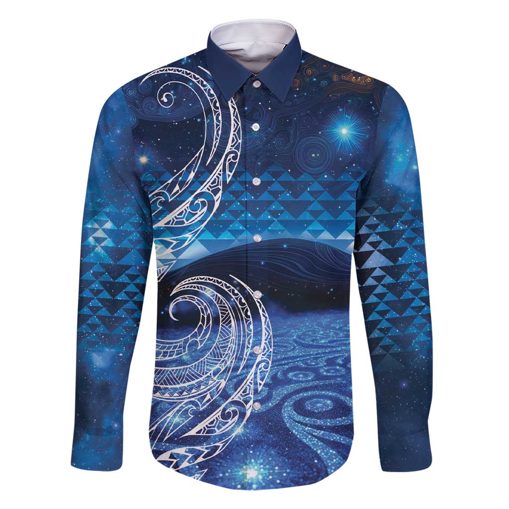 New Zealand Matariki Family Matching Short Sleeve Bodycon Dress and Hawaiian Shirt Taniko Aramoana With Koru Galaxy Sky Night LT9 Dad's Shirt - Long Sleeve Galaxy - Polynesian Pride