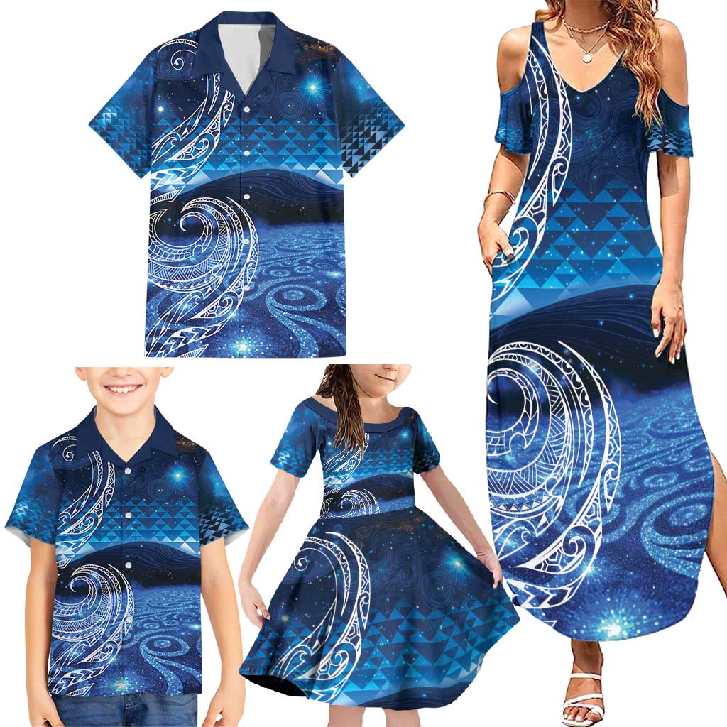 New Zealand Matariki Family Matching Summer Maxi Dress and Hawaiian Shirt Taniko Aramoana With Koru Galaxy Sky Night LT9 - Polynesian Pride