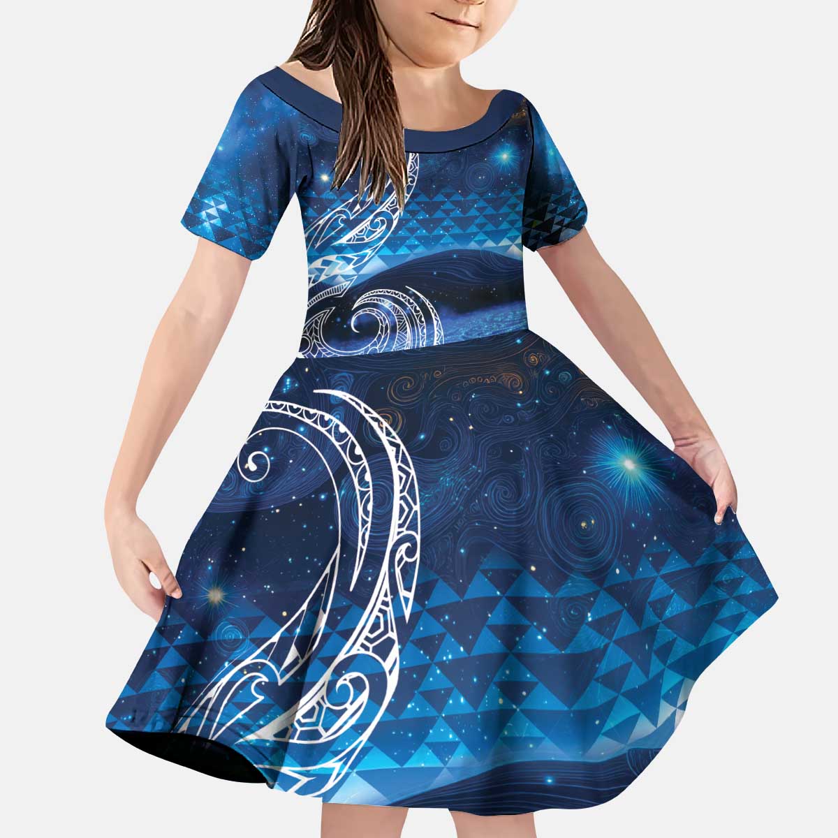 New Zealand Matariki Kid Short Sleeve Dress Taniko Aramoana With Koru Galaxy Sky Night