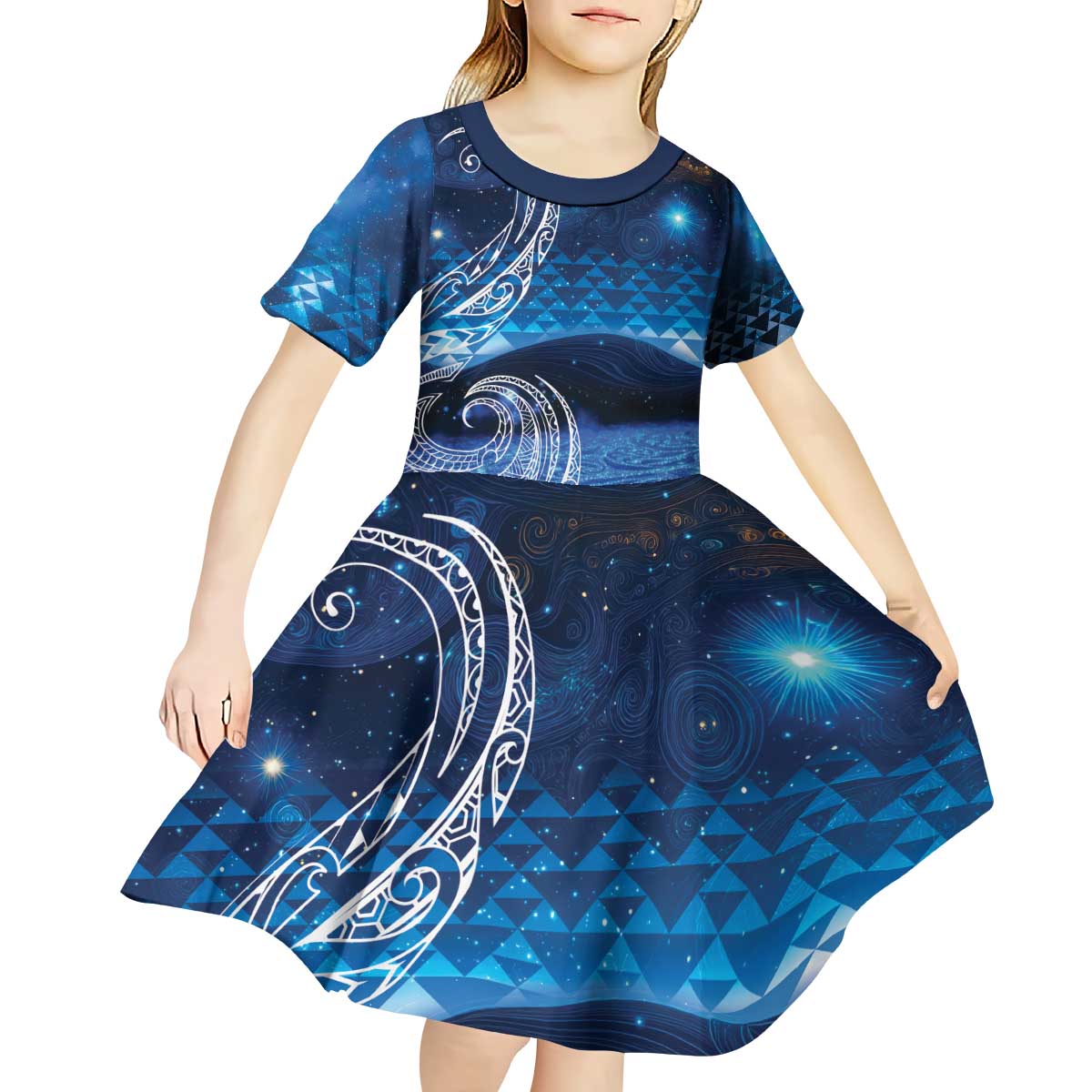 New Zealand Matariki Kid Short Sleeve Dress Taniko Aramoana With Koru Galaxy Sky Night LT9 - Polynesian Pride