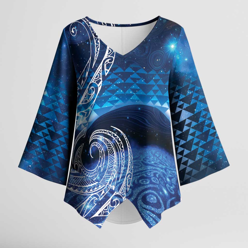 New Zealand Matariki Kimono Sleeve Blouse Taniko Aramoana With Koru Galaxy Sky Night - Polynesian Pride