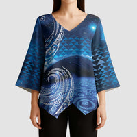 New Zealand Matariki Kimono Sleeve Blouse Taniko Aramoana With Koru Galaxy Sky Night - Polynesian Pride