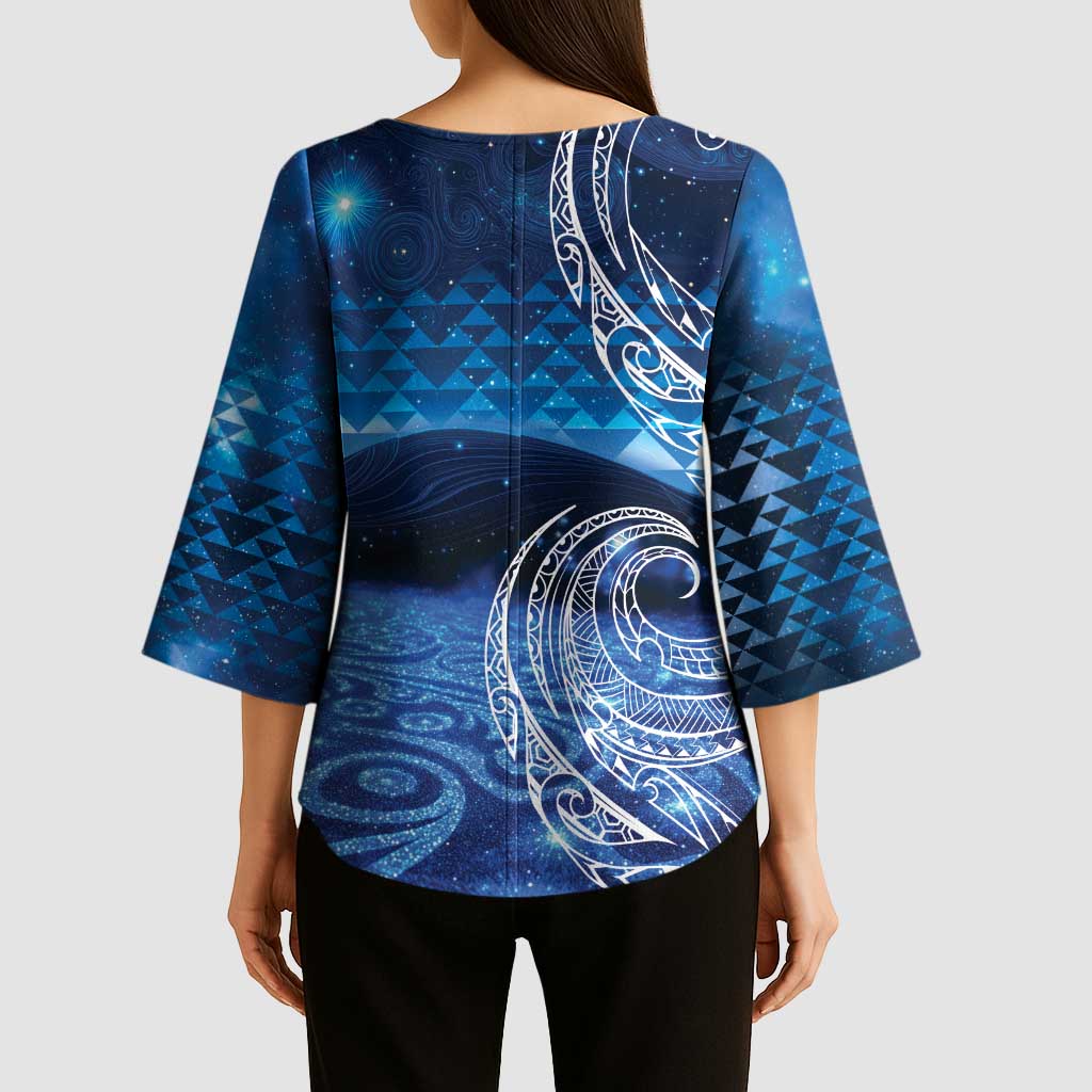New Zealand Matariki Kimono Sleeve Blouse Taniko Aramoana With Koru Galaxy Sky Night - Polynesian Pride
