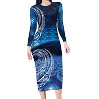 New Zealand Matariki Long Sleeve Bodycon Dress Taniko Aramoana With Koru Galaxy Sky Night LT9 Long Dress Galaxy - Polynesian Pride
