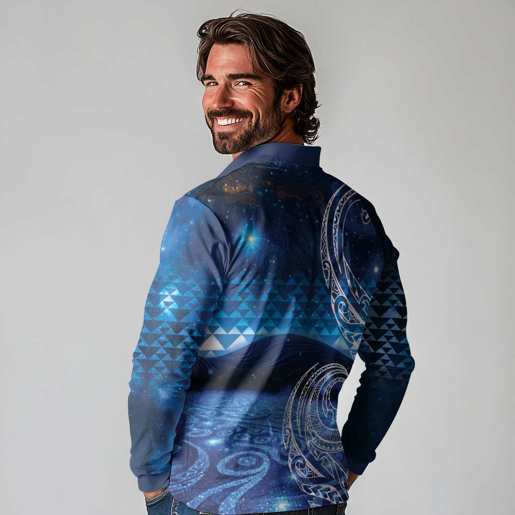 New Zealand Matariki Long Sleeve Polo Shirt Taniko Aramoana With Koru Galaxy Sky Night LT9 - Polynesian Pride